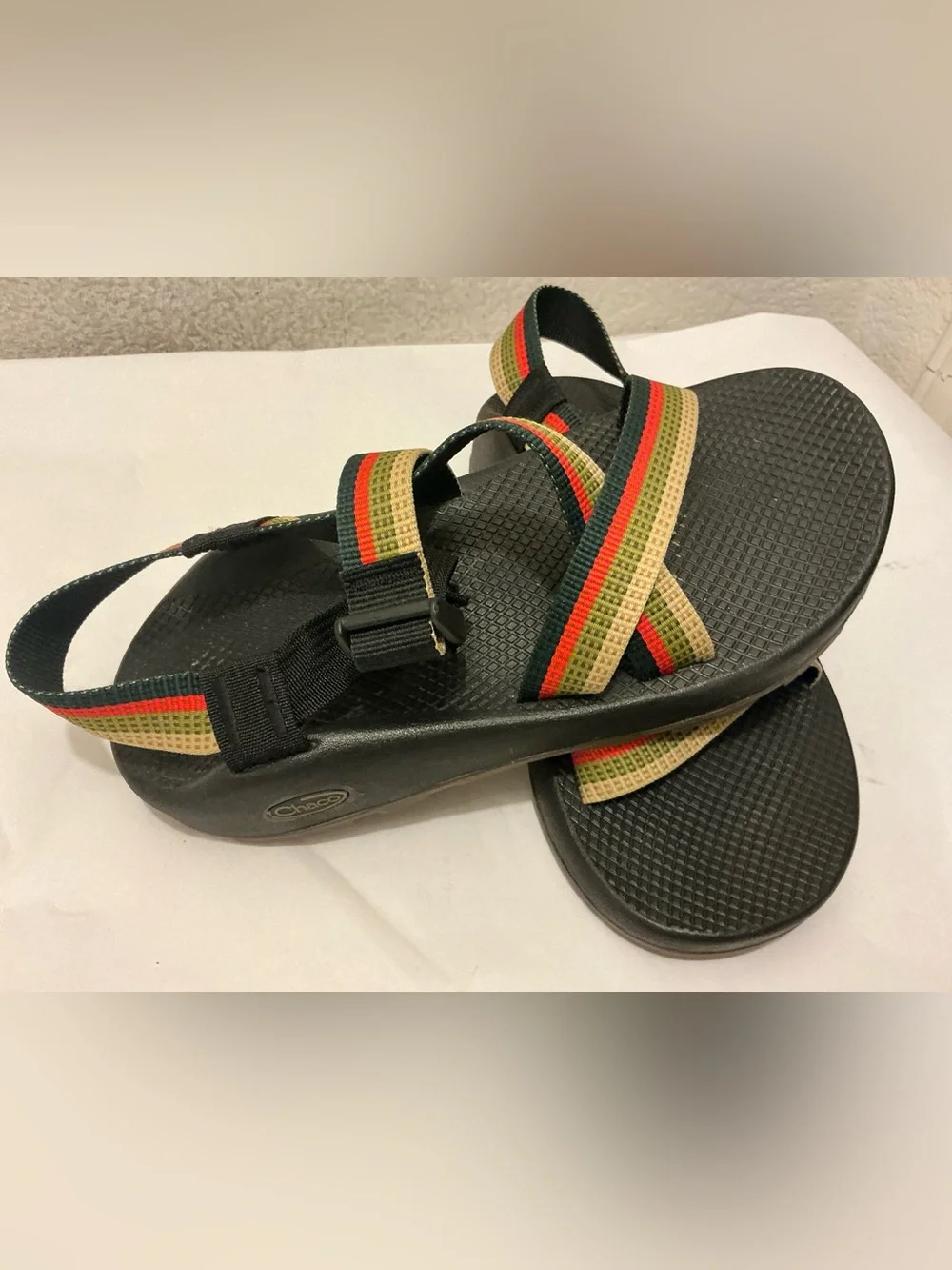 Chaco Men's Black Sandals with Red, Green & Tan Straps